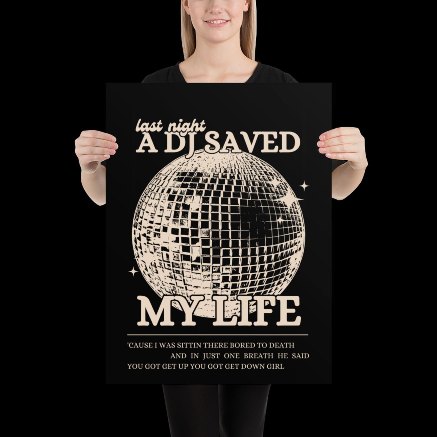 Last Night a DJ Saved My Life Black and Beige Wall Print - Ibiza Colourful Funny Cute Birthday Christmas Gift Unique Leopard Disco Ball