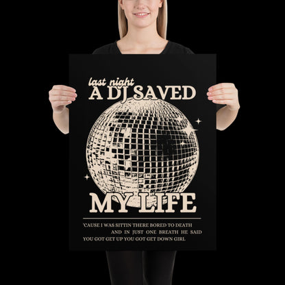Last Night a DJ Saved My Life Black and Beige Wall Print - Ibiza Colourful Funny Cute Birthday Christmas Gift Unique Leopard Disco Ball
