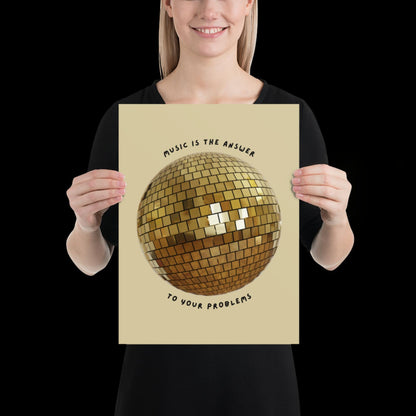Music is The Answer Gold Disco Ball Wall Print -  Ibiza Colourful Funny Cute Birthday Art Gift Unique Funky House Music Poster Disco