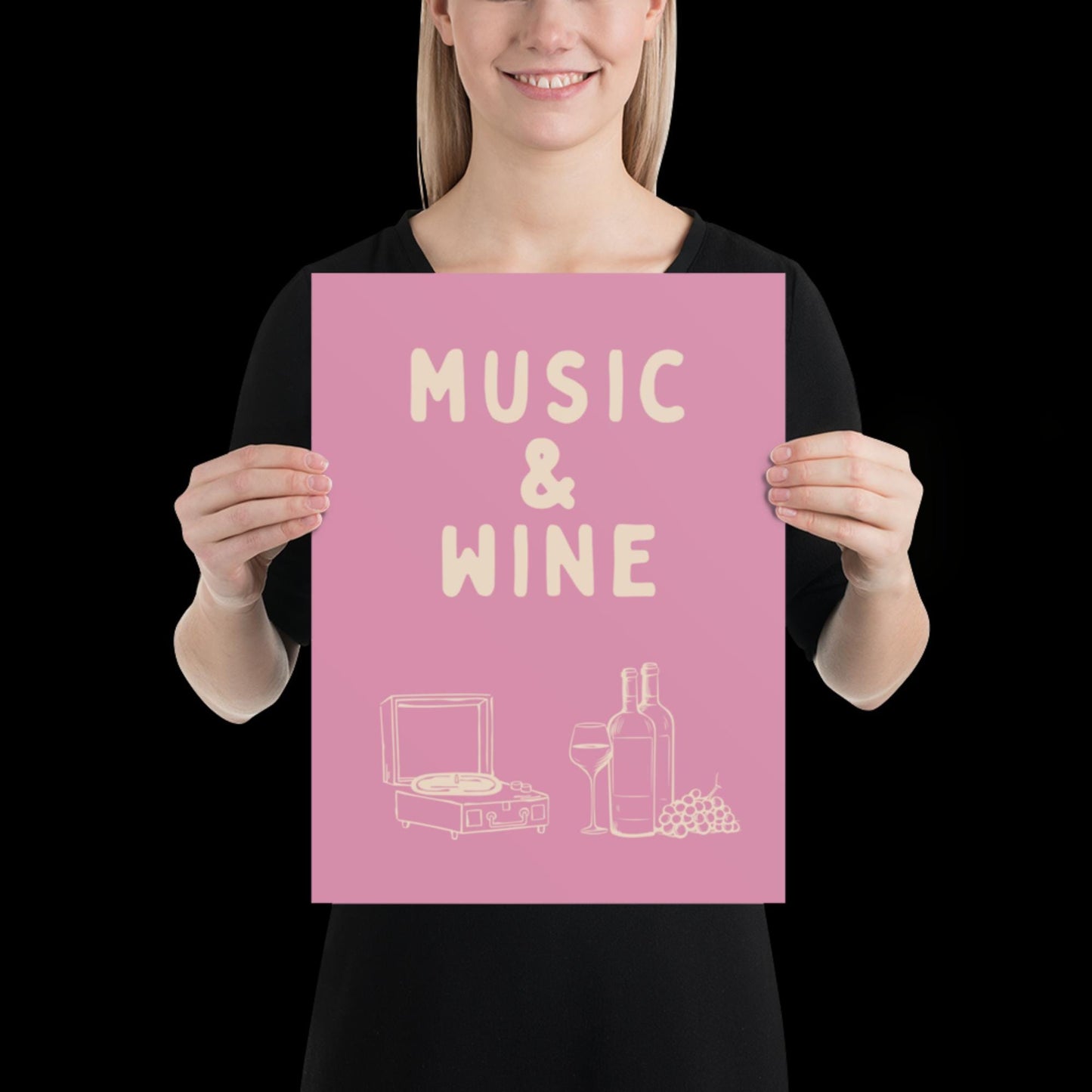 Music and Wine Pink and Beige Wall Print -  Ibiza Colourful Funny Cute Birthday Art Gift Unique Funky House Music Poster Lyrics Kitchen