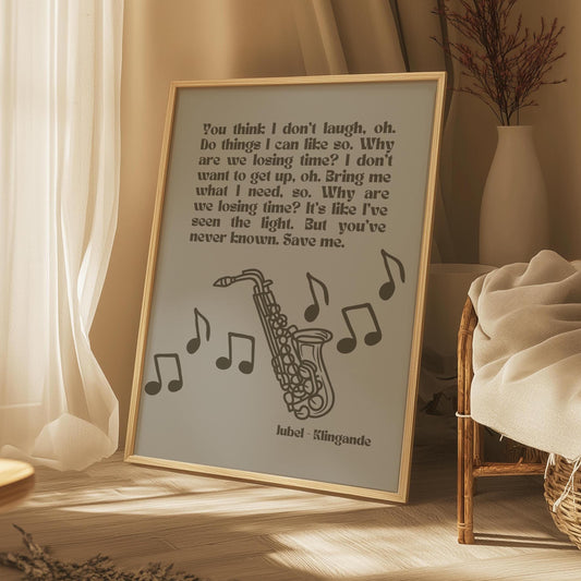 Jubel Klingande Inspired Print Silver Khaki - Song Lyric Music Poster Wall Art Typographic Lyrics Ibiza House Music Wall Decor Saxophone
