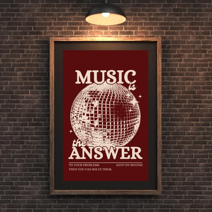 Music is the Answer Cherry Red and Beige Disco Ball Wall Print - Ibiza Colourful Funny Cute Birthday Christmas Gift Unique Leopard Cocktail