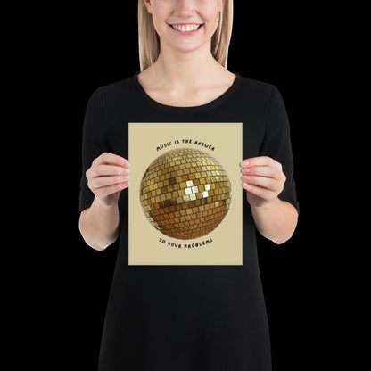 Music is The Answer Gold Disco Ball Wall Print -  Ibiza Colourful Funny Cute Birthday Art Gift Unique Funky House Music Poster Disco