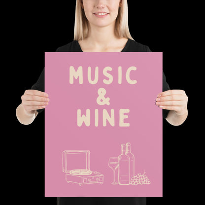 Music and Wine Pink and Beige Wall Print -  Ibiza Colourful Funny Cute Birthday Art Gift Unique Funky House Music Poster Lyrics Kitchen