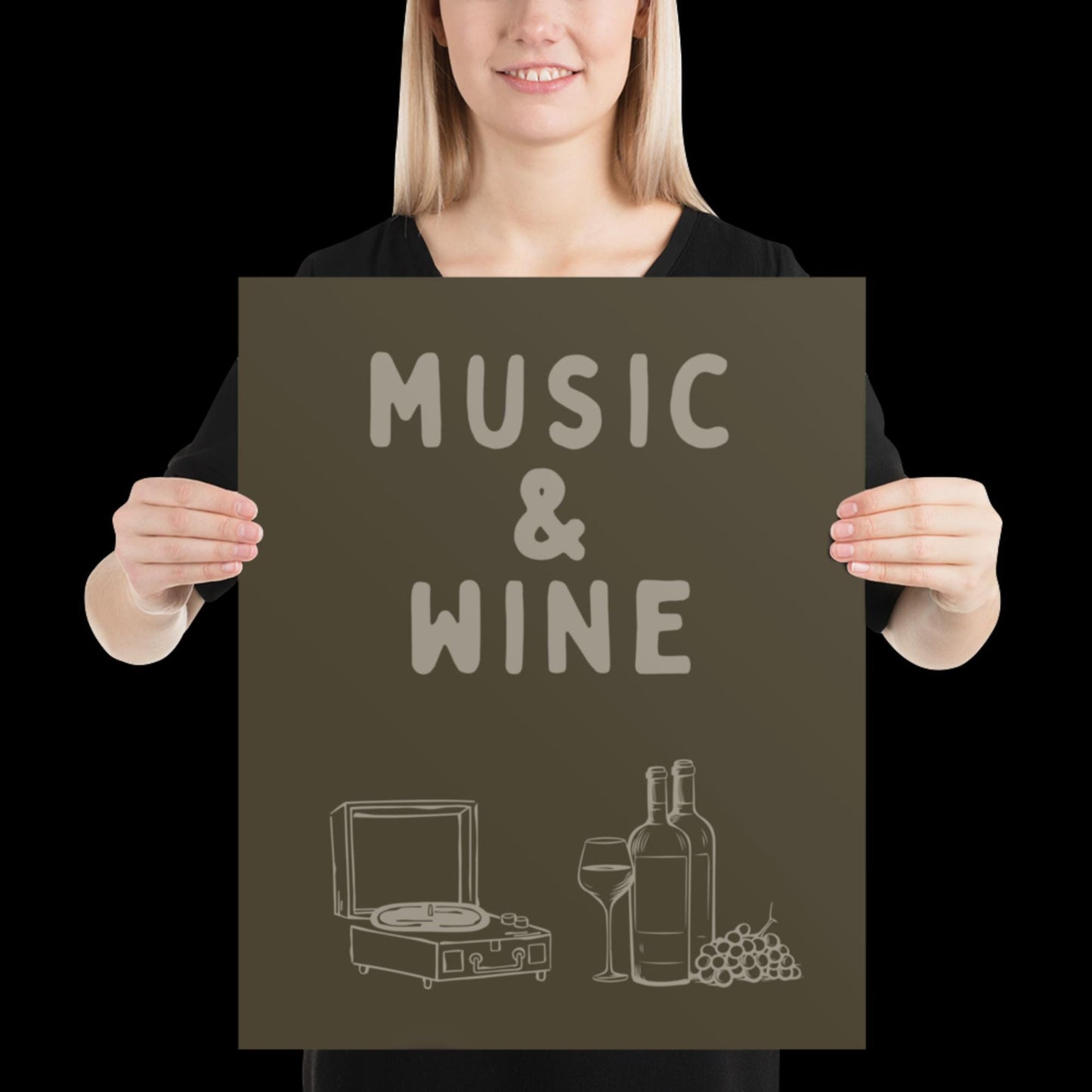 Music and Wine Khaki Green Wall Print -  Ibiza Colourful Funny Cute Birthday Art Gift Unique Funky House Music Poster Lyrics Kitchen
