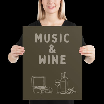 Music and Wine Khaki Green Wall Print -  Ibiza Colourful Funny Cute Birthday Art Gift Unique Funky House Music Poster Lyrics Kitchen