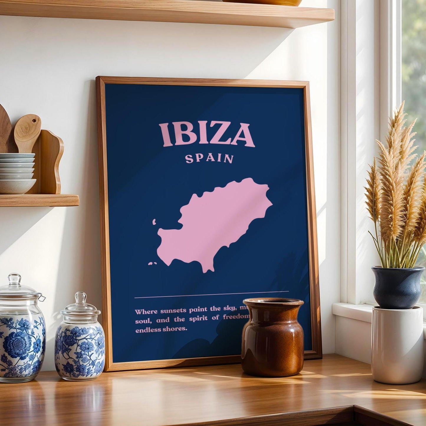 Ibiza Spain Navy Blue and Pink Wall Print - Ibiza Colourful Funny Cute Birthday Christmas Gift Unique Leopard Cocktail