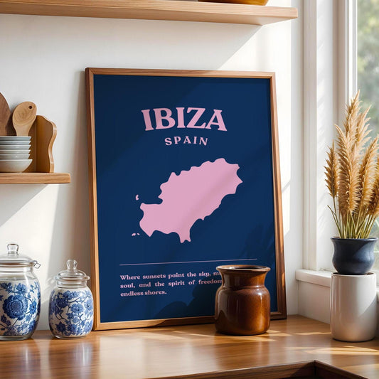 Ibiza Spain Navy Blue and Pink Wall Print - Ibiza Colourful Funny Cute Birthday Christmas Gift Unique Leopard Cocktail