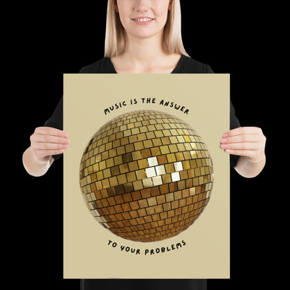 Music is The Answer Gold Disco Ball Wall Print -  Ibiza Colourful Funny Cute Birthday Art Gift Unique Funky House Music Poster Disco