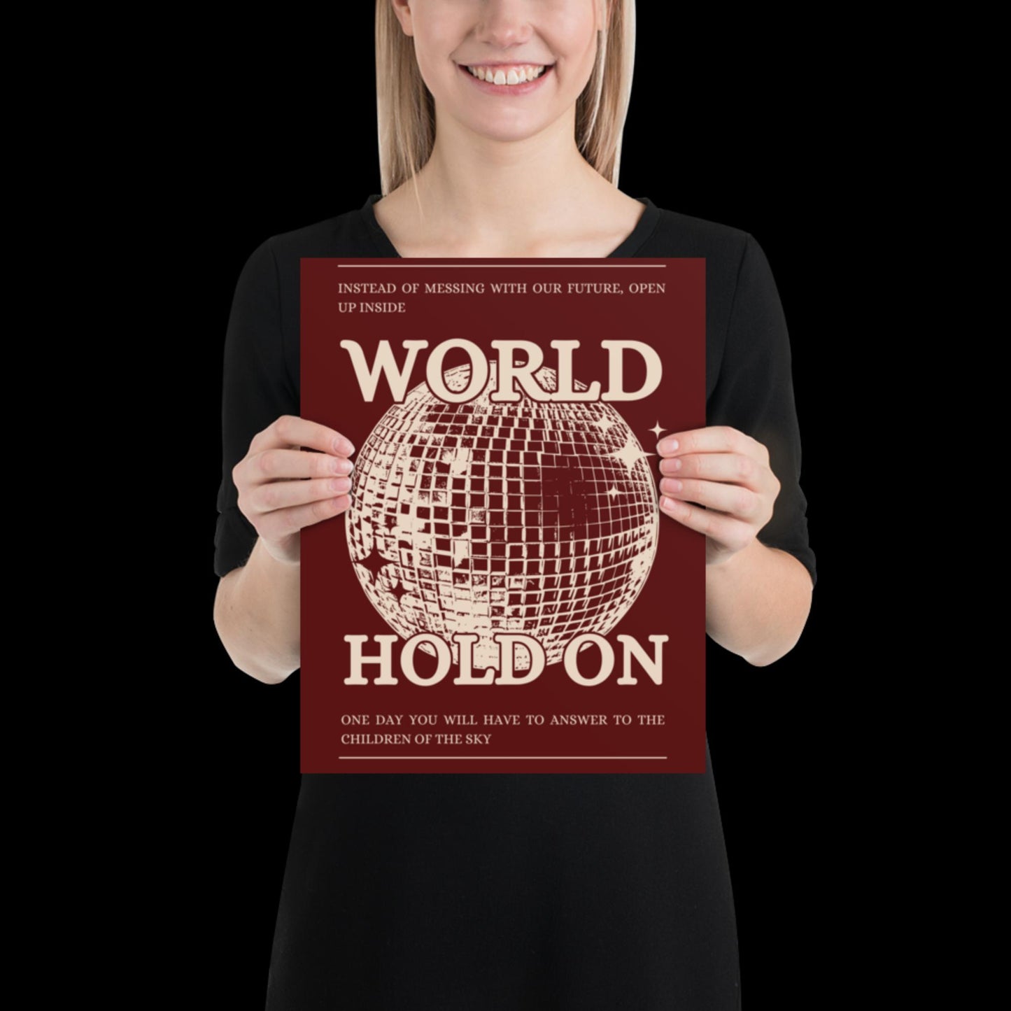 World Hold On Cherry Red and Beige Disco Ball Wall Print - Ibiza Colourful Funny Cute Birthday House Music Gift Unique Art Poster Funky