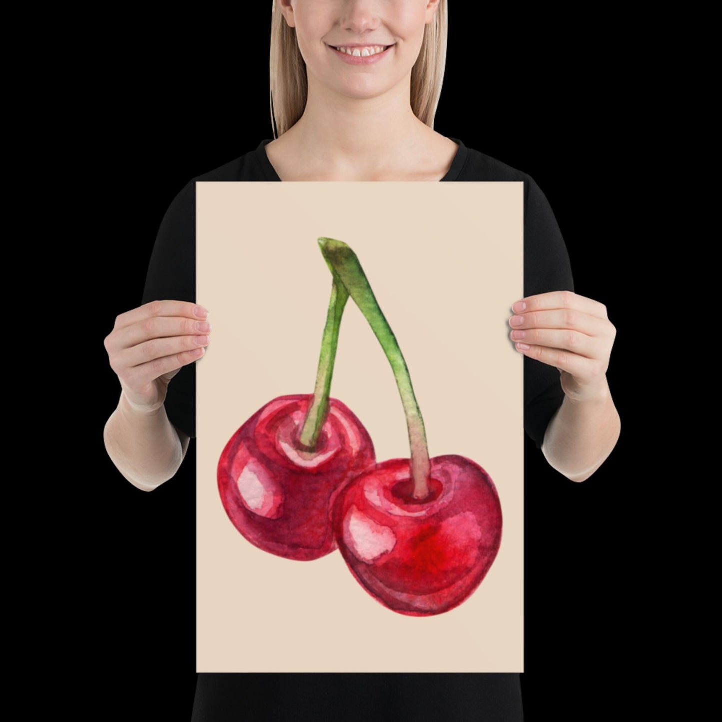 Watercolour Cherries Wall Print - Fruit Ibiza Colourful Funny Cute Birthday Christmas Gift Unique Printed Cowboy Leopard