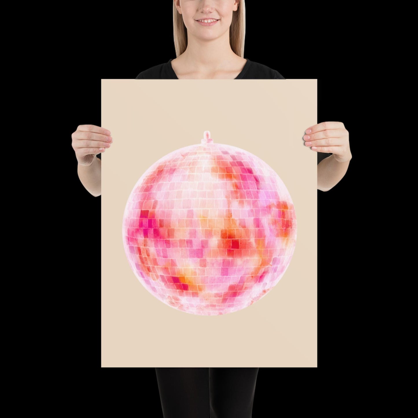 Watercolour Pink Disco Ball Wall Print - Fruit Ibiza Colourful Funny Cute Birthday Christmas Gift Unique Printed Cowboy Leopard