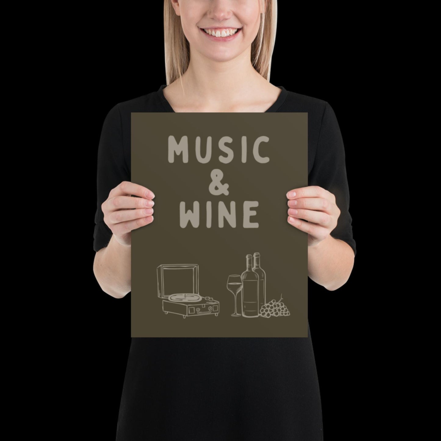 Music and Wine Khaki Green Wall Print -  Ibiza Colourful Funny Cute Birthday Art Gift Unique Funky House Music Poster Lyrics Kitchen