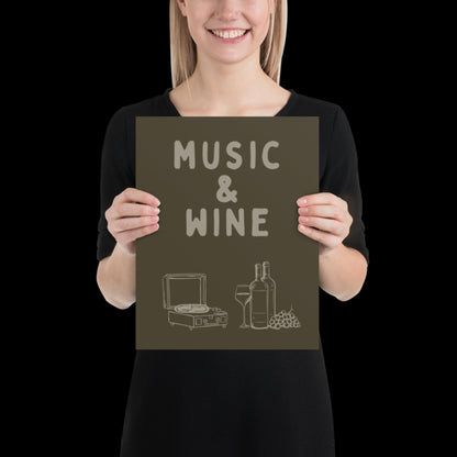 Music and Wine Khaki Green Wall Print -  Ibiza Colourful Funny Cute Birthday Art Gift Unique Funky House Music Poster Lyrics Kitchen