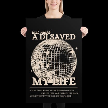 Last Night a DJ Saved My Life Black and Beige Wall Print - Ibiza Colourful Funny Cute Birthday Christmas Gift Unique Leopard Disco Ball
