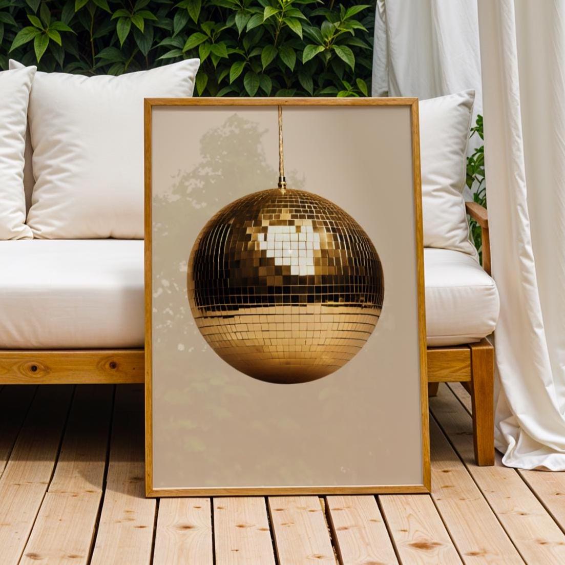 Gold Disco Ball Wall Print | Beige | Mirror Ball | Trendy | Music Poster | Wall Art | Funky | Typographic | A1 A2 A3 | Realistic | Ibiza