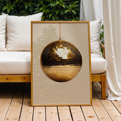 Gold Disco Ball Wall Print | Beige | Mirror Ball | Trendy | Music Poster | Wall Art | Funky | Typographic | A1 A2 A3 | Realistic | Ibiza