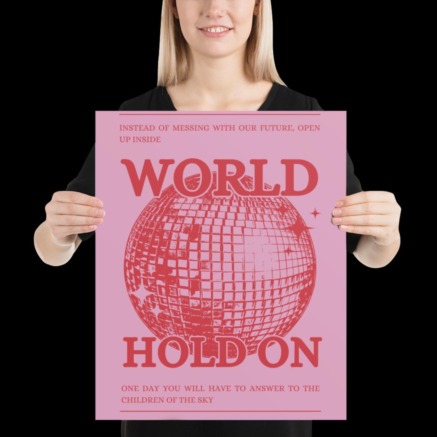 World Hold On Pink and Red Disco Ball Wall Print - Ibiza Colourful Funny Cute Birthday Christmas Gift Unique Leopard Cocktail
