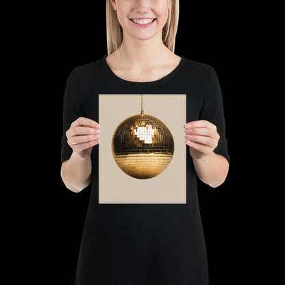 Gold Disco Ball Wall Print | Beige | Mirror Ball | Trendy | Music Poster | Wall Art | Funky | Typographic | A1 A2 A3 | Realistic | Ibiza