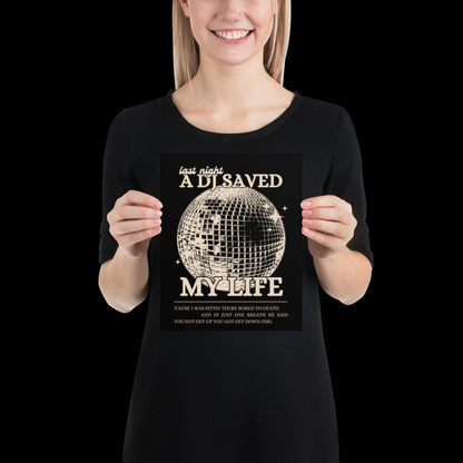 Last Night a DJ Saved My Life Black and Beige Wall Print - Ibiza Colourful Funny Cute Birthday Christmas Gift Unique Leopard Disco Ball