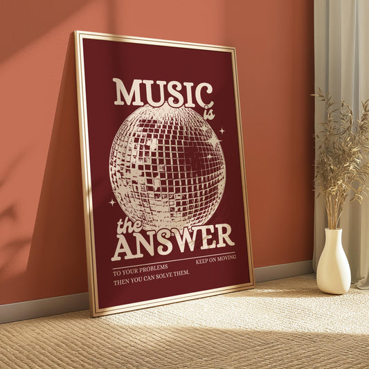 Music is the Answer Cherry Red and Beige Disco Ball Wall Print - Ibiza Colourful Funny Cute Birthday Christmas Gift Unique Leopard Cocktail
