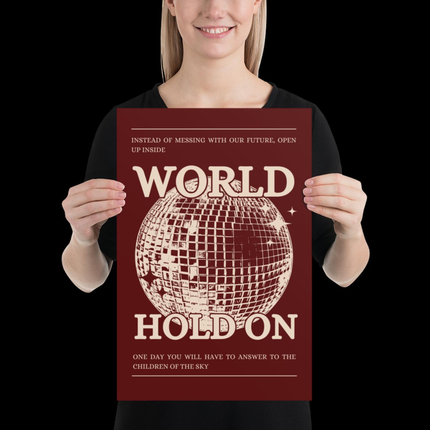 World Hold On Cherry Red and Beige Disco Ball Wall Print - Ibiza Colourful Funny Cute Birthday House Music Gift Unique Art Poster Funky