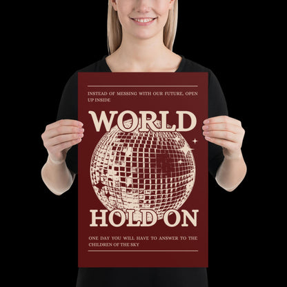 World Hold On Cherry Red and Beige Disco Ball Wall Print - Ibiza Colourful Funny Cute Birthday House Music Gift Unique Art Poster Funky