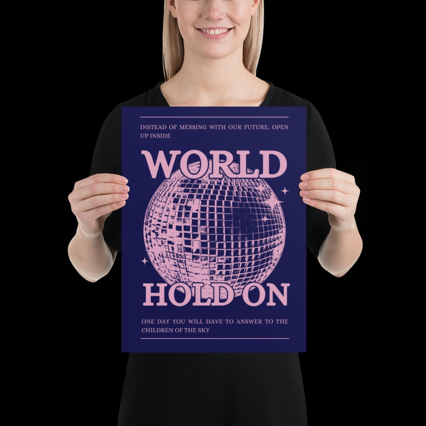 World Hold On Navy Blue and Pink Disco Ball Wall Print - Ibiza Colourful Funny Cute Birthday Christmas Gift Unique Leopard Cocktail