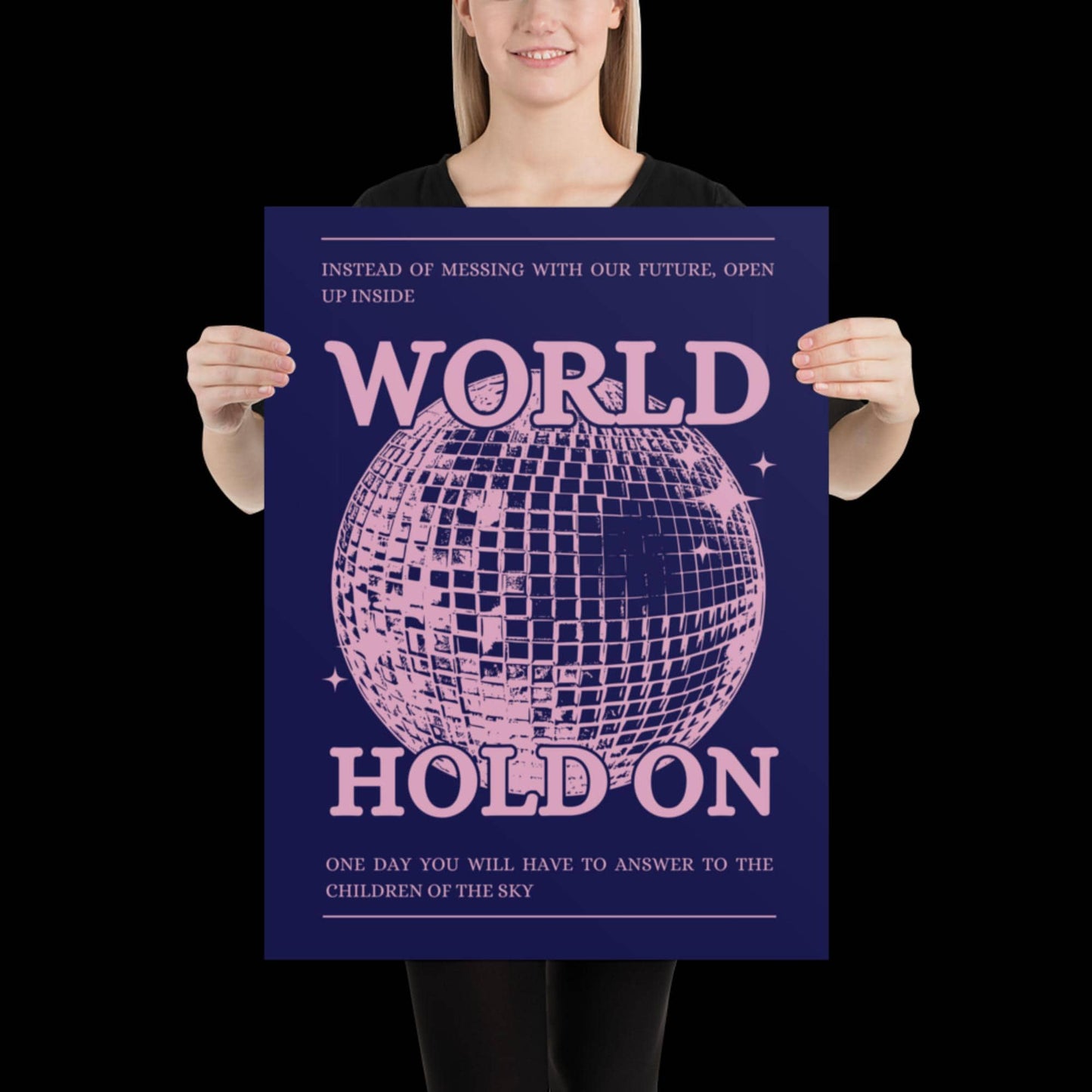 World Hold On Navy Blue and Pink Disco Ball Wall Print - Ibiza Colourful Funny Cute Birthday Christmas Gift Unique Leopard Cocktail