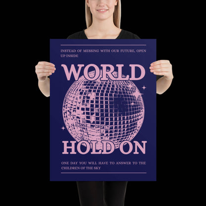 World Hold On Navy Blue and Pink Disco Ball Wall Print - Ibiza Colourful Funny Cute Birthday Christmas Gift Unique Leopard Cocktail