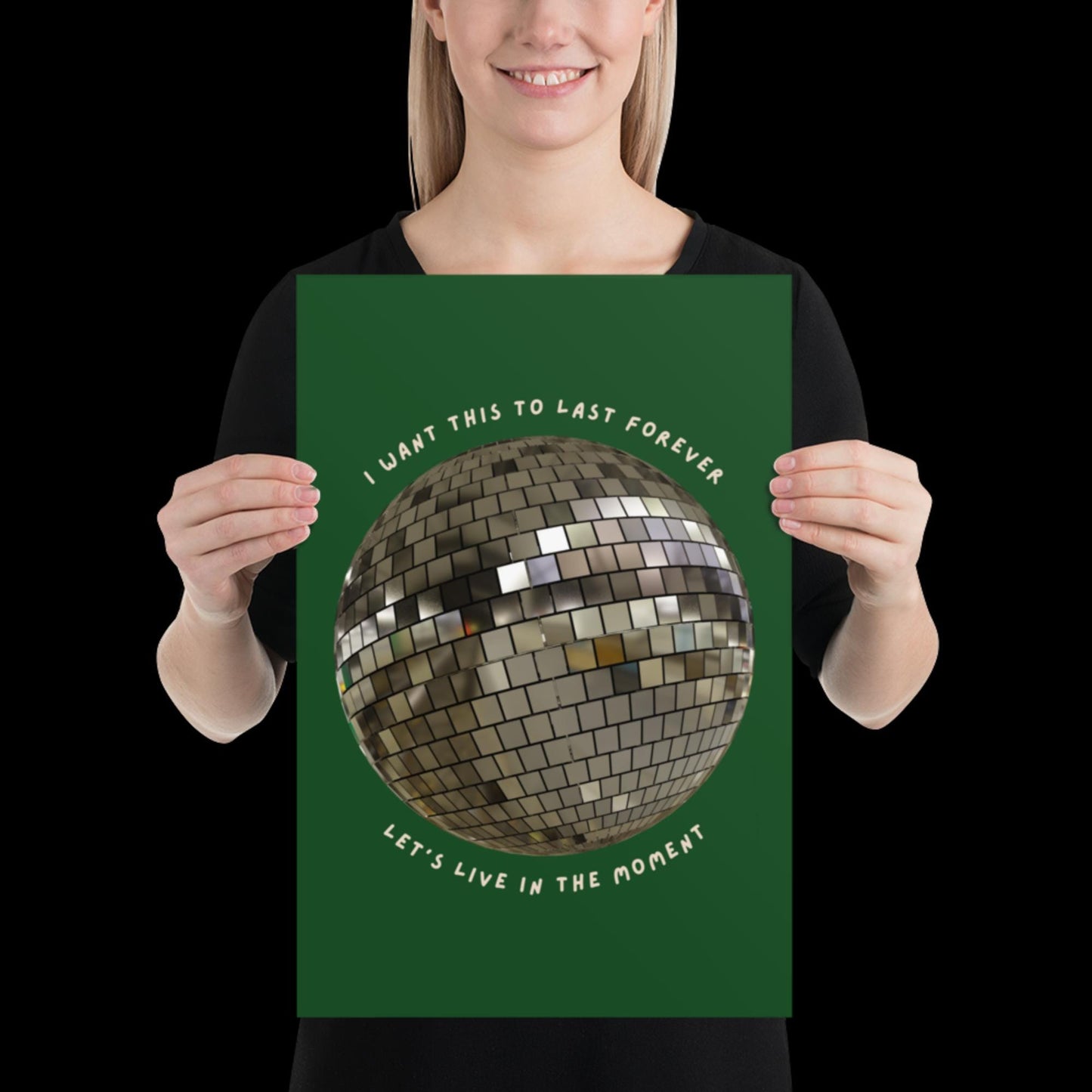 Let's Live in The Moment Green Khaki Disco Ball Wall Print -  Ibiza Colourful Funny Cute Art Gift Unique Funky House Music Poster Lyrics
