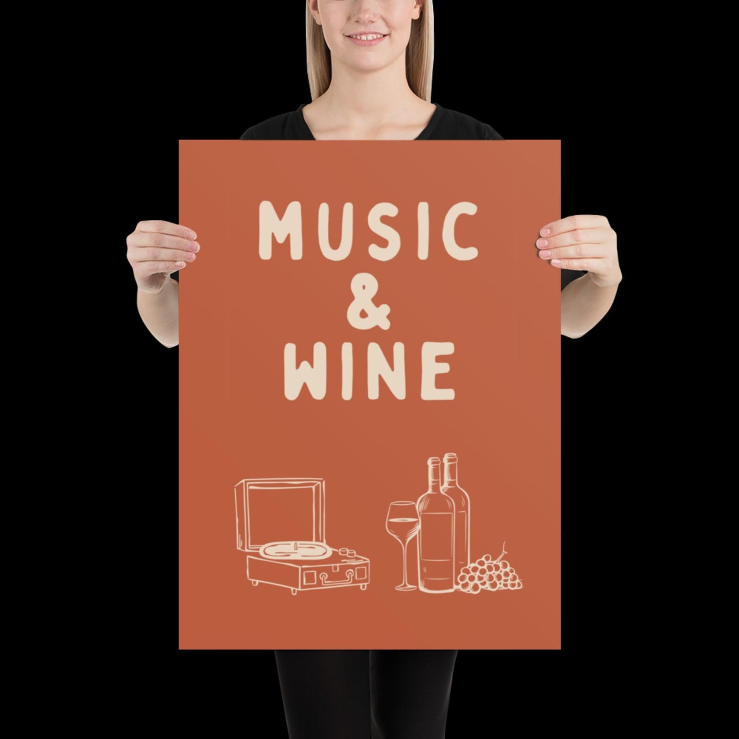 Music and Wine Orange and Beige Wall Print -  Ibiza Colourful Funny Cute Birthday Art Gift Unique Funky House Music Poster Lyrics Kitchen