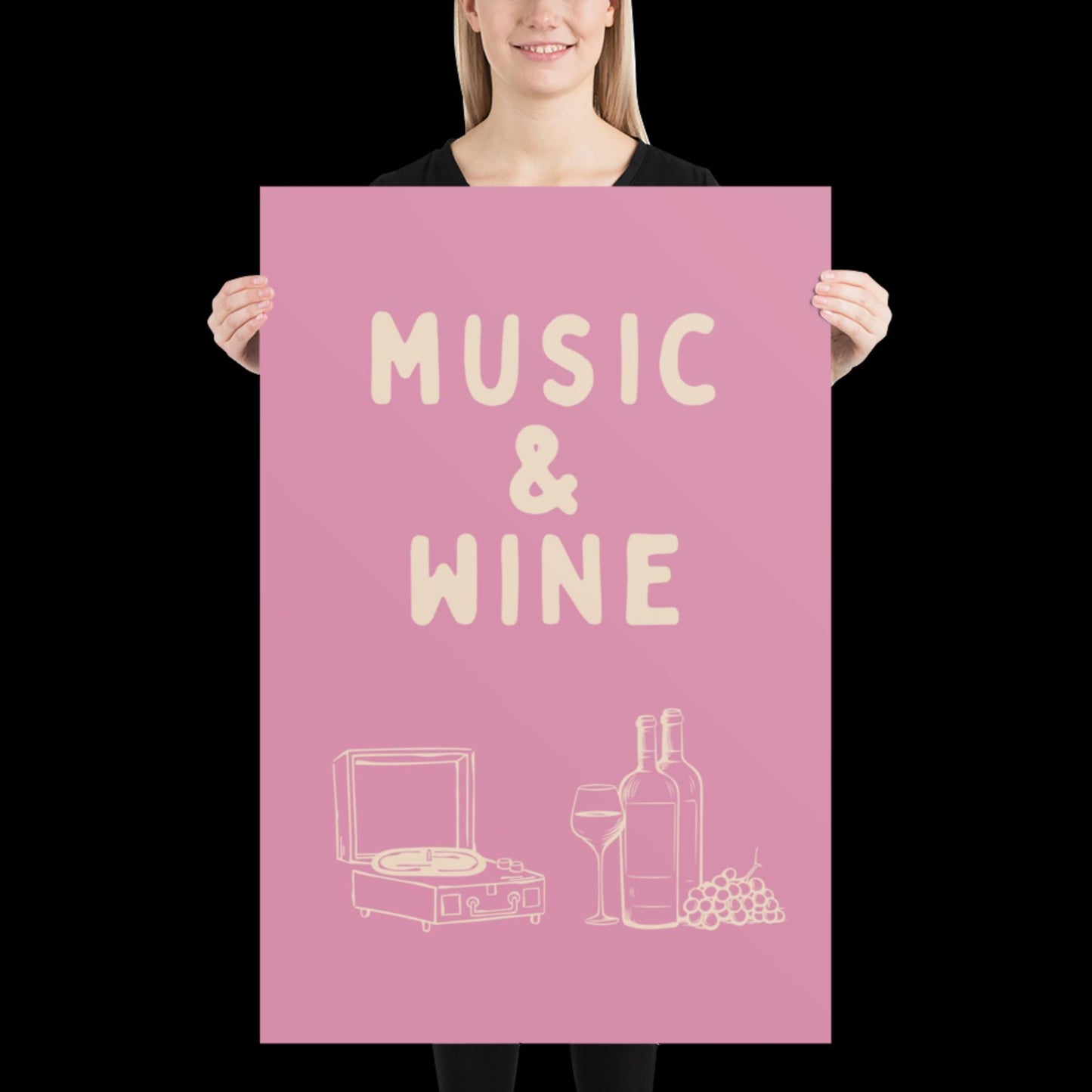 Music and Wine Pink and Beige Wall Print -  Ibiza Colourful Funny Cute Birthday Art Gift Unique Funky House Music Poster Lyrics Kitchen