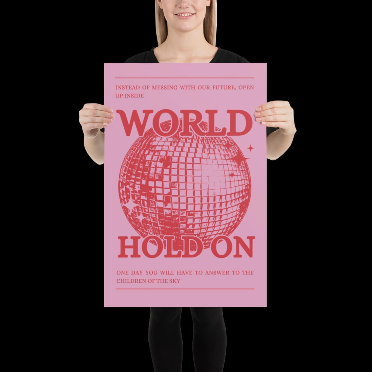 World Hold On Pink and Red Disco Ball Wall Print - Ibiza Colourful Funny Cute Birthday Christmas Gift Unique Leopard Cocktail