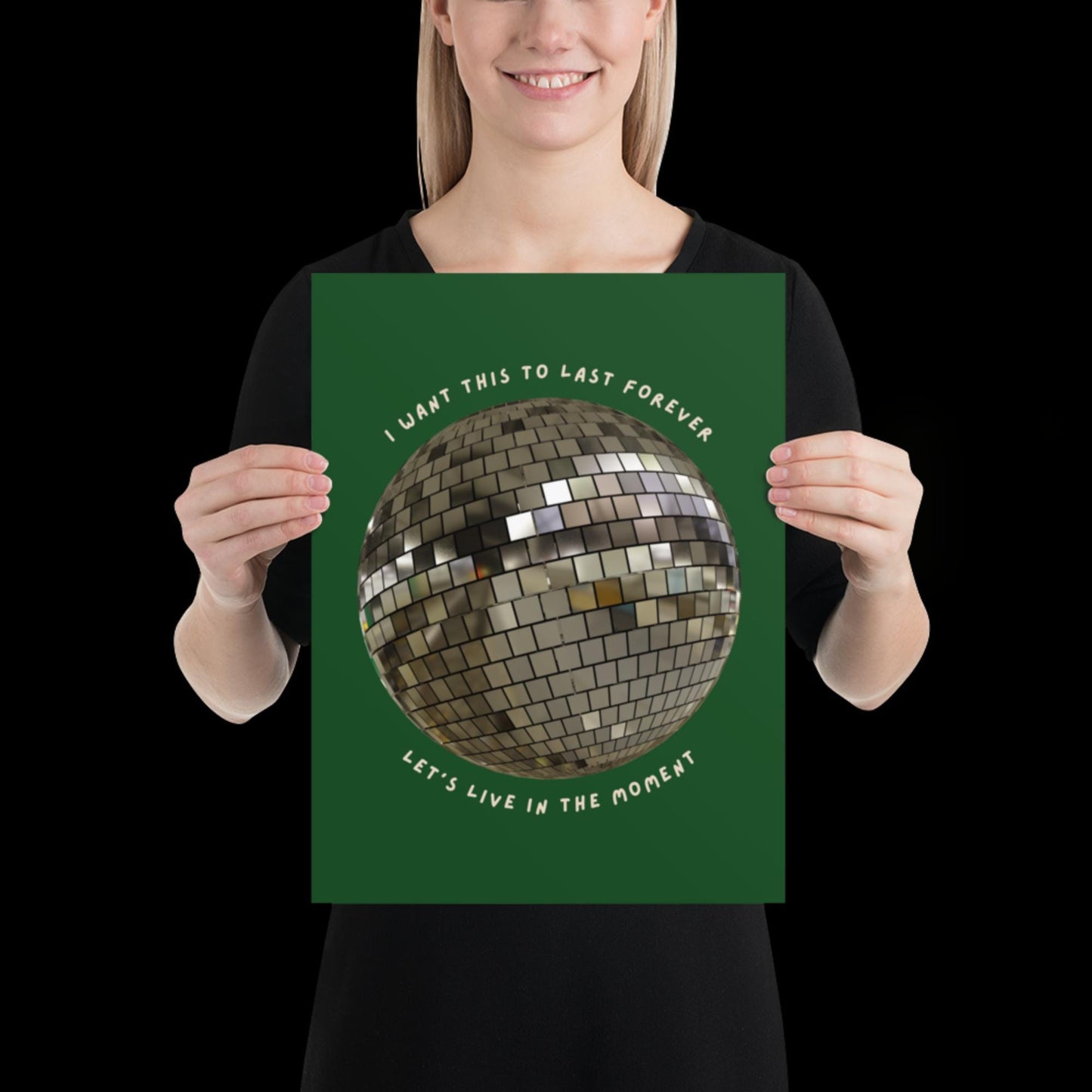 Let's Live in The Moment Green Khaki Disco Ball Wall Print -  Ibiza Colourful Funny Cute Art Gift Unique Funky House Music Poster Lyrics