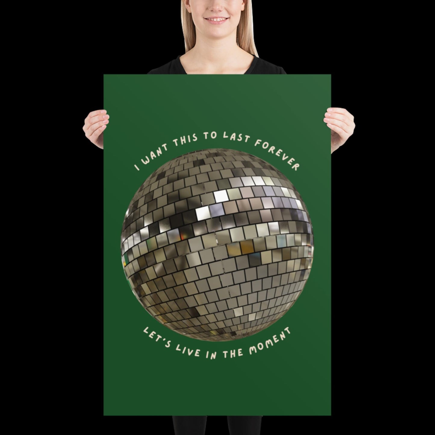 Let's Live in The Moment Green Khaki Disco Ball Wall Print -  Ibiza Colourful Funny Cute Art Gift Unique Funky House Music Poster Lyrics