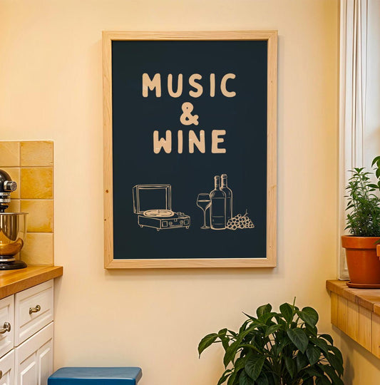 Music and Wine Navy Blue and Beige Wall Print -  Ibiza Colourful Funny Cute Birthday Art Gift Unique Funky House Music Poster Lyrics Kitchen