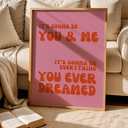 You and Me Pink Lyrics Wall Print - Ibiza Colourful Funny Cute Birthday Christmas Gift Unique Leopard Cocktail House Music
