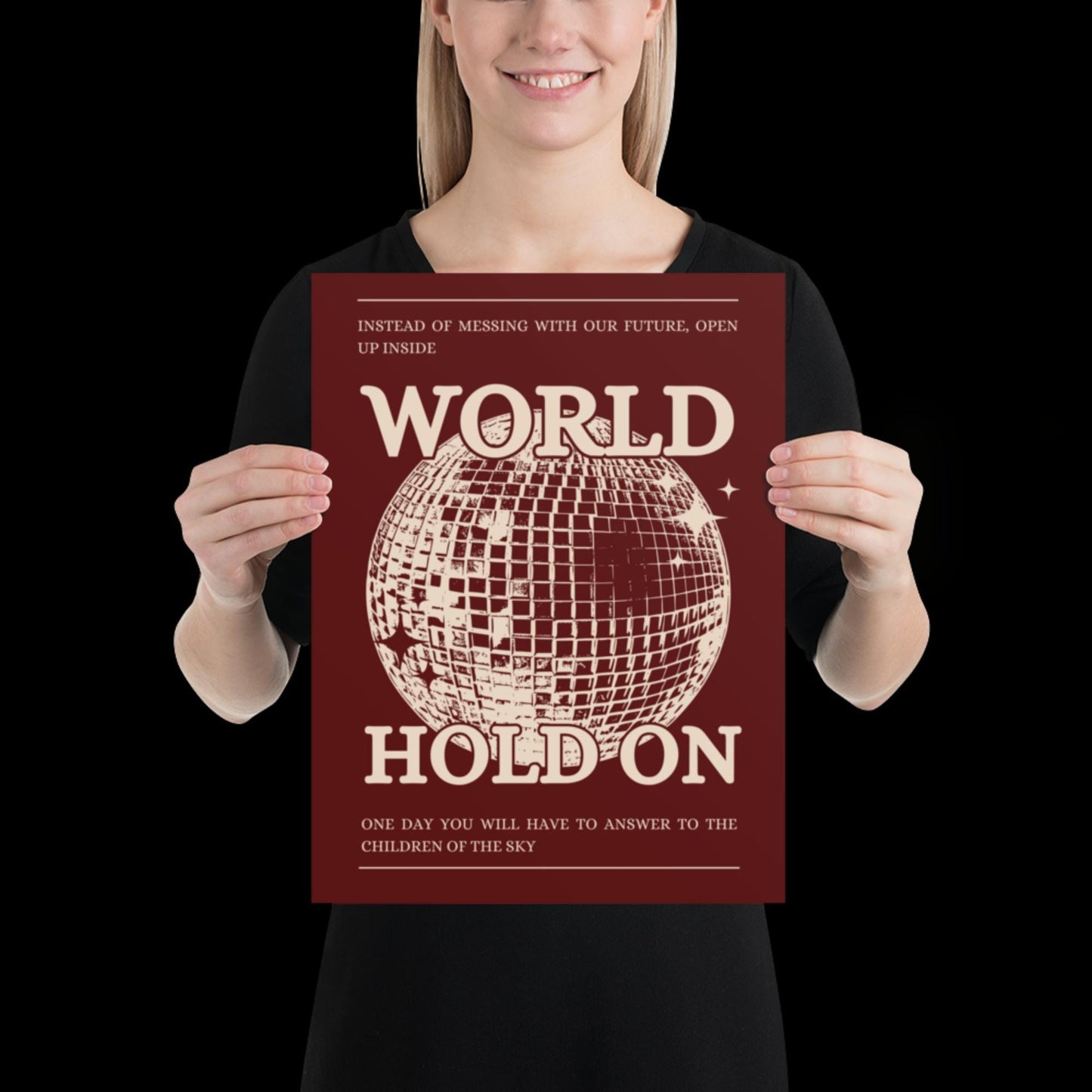 World Hold On Cherry Red and Beige Disco Ball Wall Print - Ibiza Colourful Funny Cute Birthday House Music Gift Unique Art Poster Funky