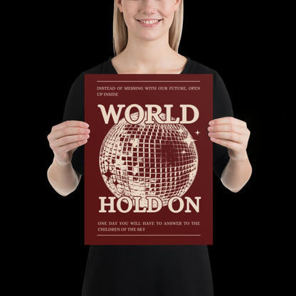 World Hold On Cherry Red and Beige Disco Ball Wall Print - Ibiza Colourful Funny Cute Birthday House Music Gift Unique Art Poster Funky