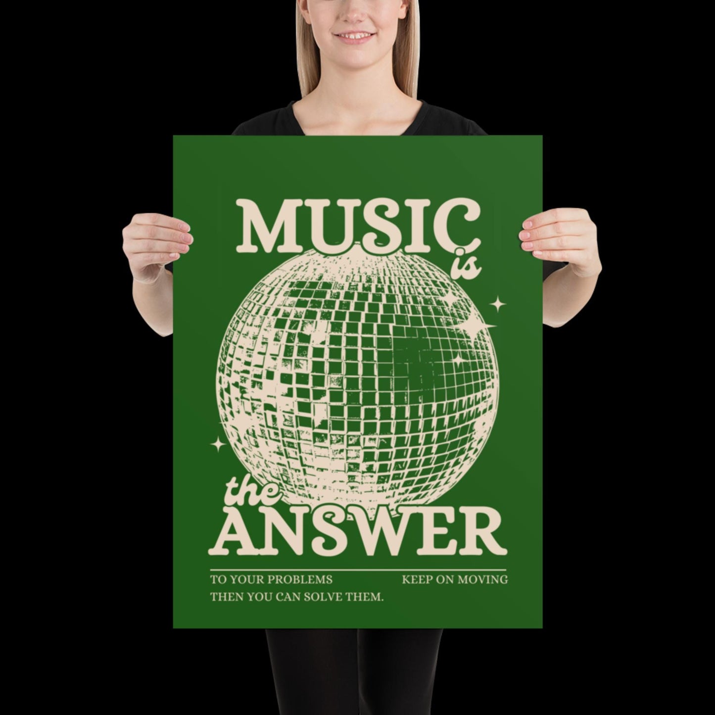 Music is the Answer Green Khaki Disco Ball Wall Print -  Ibiza Colourful Funny Cute Birthday Art Gift Unique Funky House Music Poster
