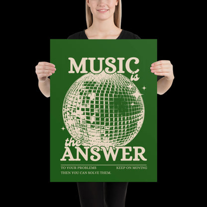 Music is the Answer Green Khaki Disco Ball Wall Print -  Ibiza Colourful Funny Cute Birthday Art Gift Unique Funky House Music Poster
