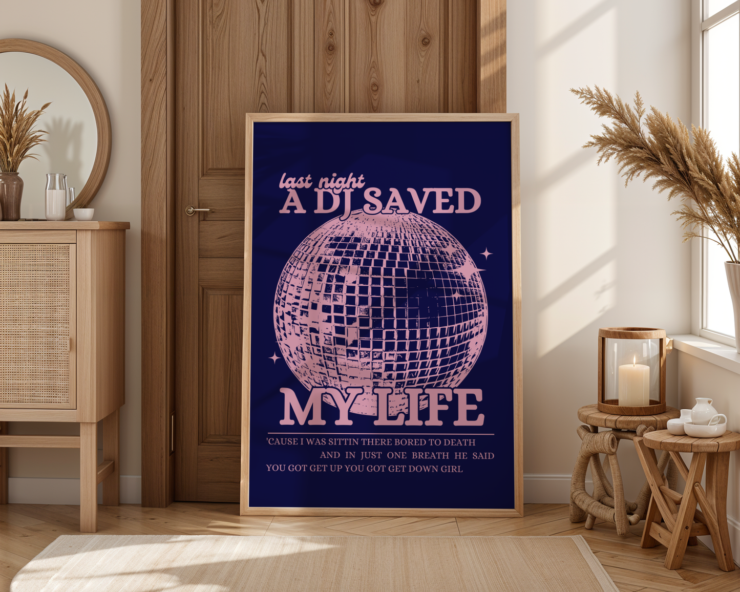 Last Night a DJ Saved My Life Navy Blue and Pink Wall Print