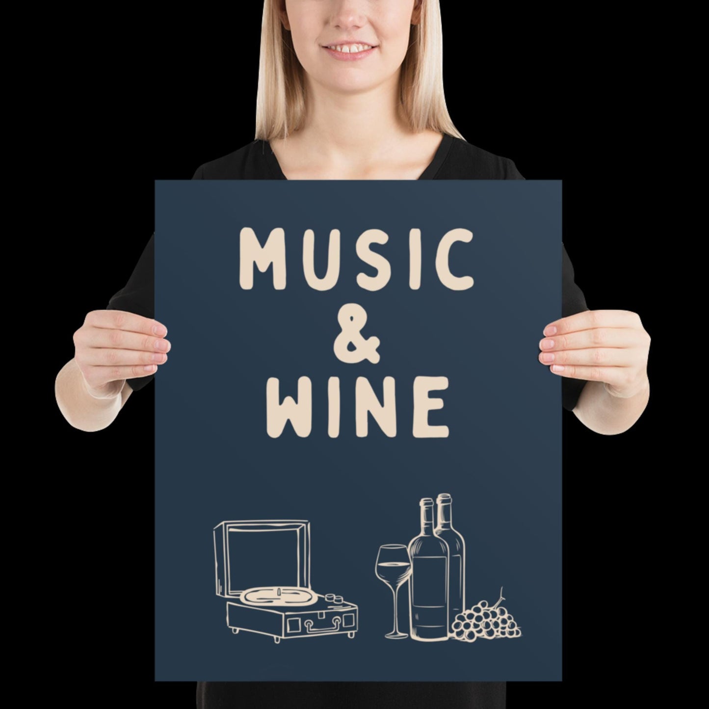 Music and Wine Navy Blue and Beige Wall Print -  Ibiza Colourful Funny Cute Birthday Art Gift Unique Funky House Music Poster Lyrics Kitchen