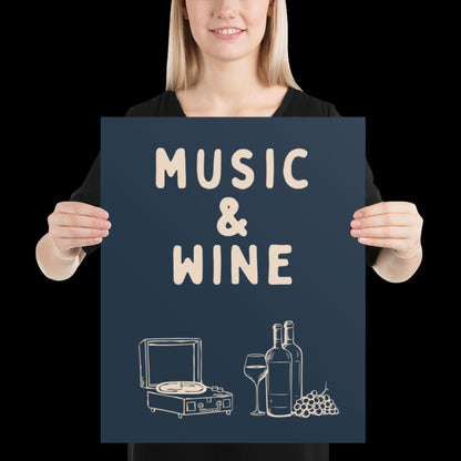 Music and Wine Navy Blue and Beige Wall Print -  Ibiza Colourful Funny Cute Birthday Art Gift Unique Funky House Music Poster Lyrics Kitchen