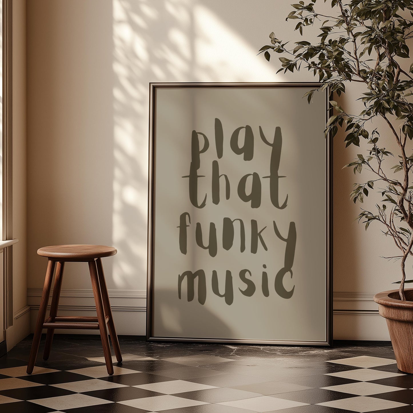 Play That Funky Music Khaki Grey - Print House Music Music Poster Wall Art Typographic Wall Decor Lyric Retro Funky Ibiza Groovy