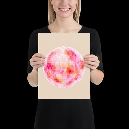Watercolour Pink Disco Ball Wall Print - Fruit Ibiza Colourful Funny Cute Birthday Christmas Gift Unique Printed Cowboy Leopard
