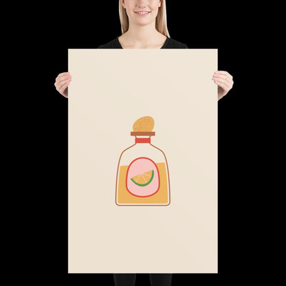 Tequila Bottle Spicy Margarita Beige Wall Print | Bar Cart Art | Cherry Print | Cocktail Alcohol Poster | A1 A2 Physical Print | Kitchen Art