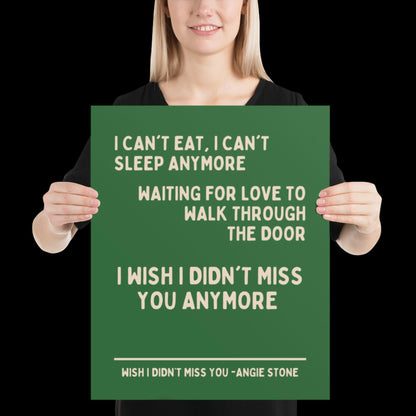 Wish I Didn't Miss You Angie Stone Inspired Print - Green and Beige - Lyric Ibiza Bold Typographic Colourful House Music Poster Groovy Disco