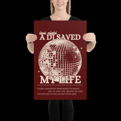 Last Night a DJ Saved My Life Red and Beige Wall Print - Ibiza Colourful Funny Cute Birthday Christmas Gift Unique Leopard Disco Ball